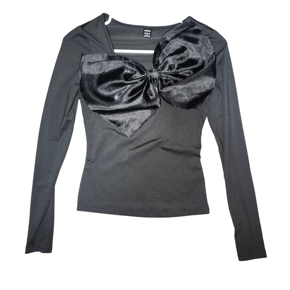 SHEIN Womens Black Long Sleeve Top Oversized Satin Bow Statement Blouse Small 4